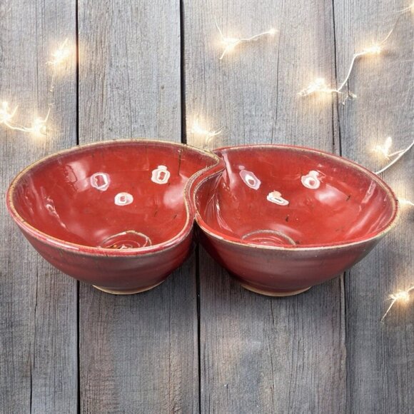 Vintage Hand Made Studio Art Pottery Divided Dish Double Salsa Bowl Chip N Dip - Picture 2 of 16